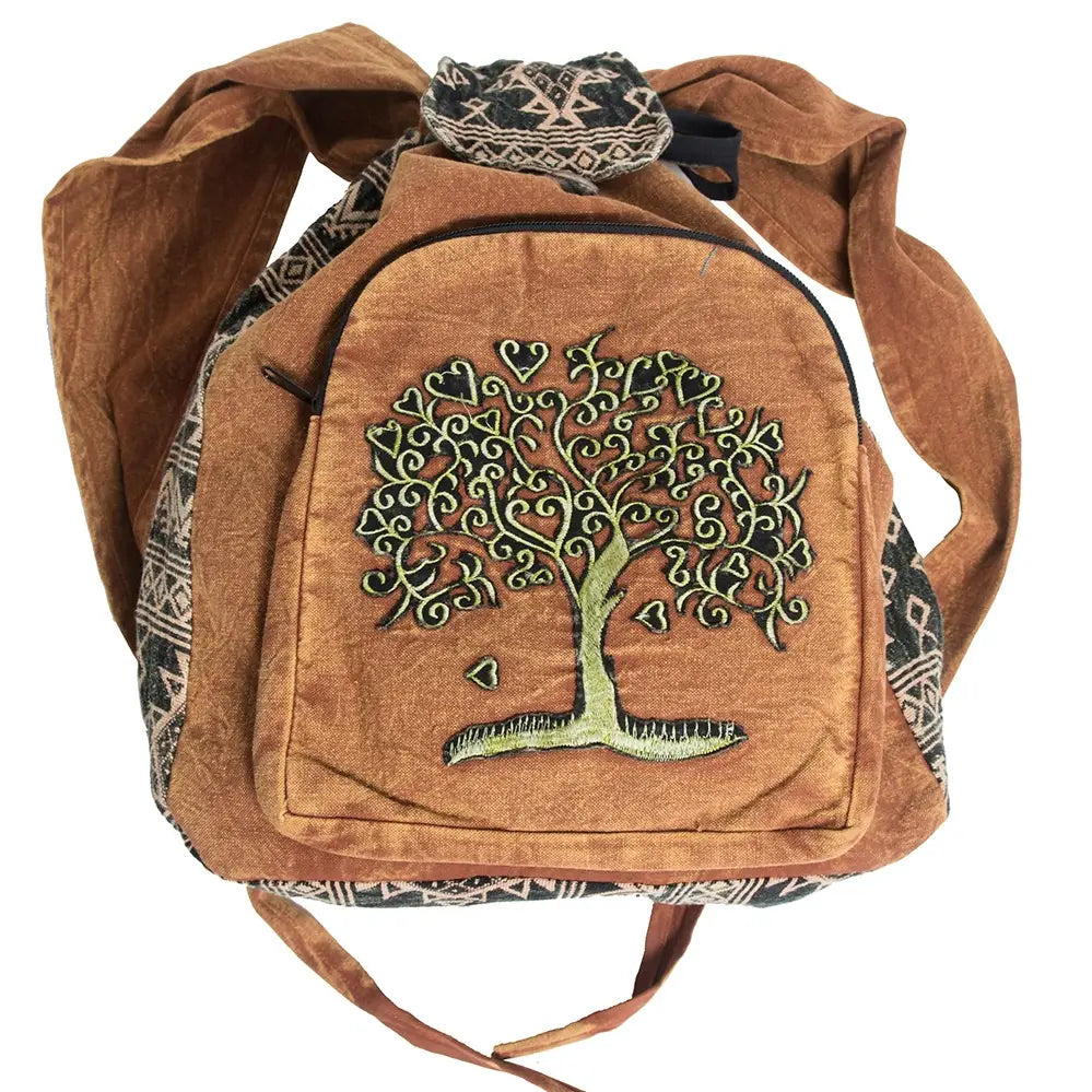 Stonewashed Cotton Crossbody with Embroidered Tree of Life